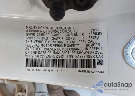 2021 Honda Civic Sport from USA, damaged, VIN 2HGFC2F8XMH552263